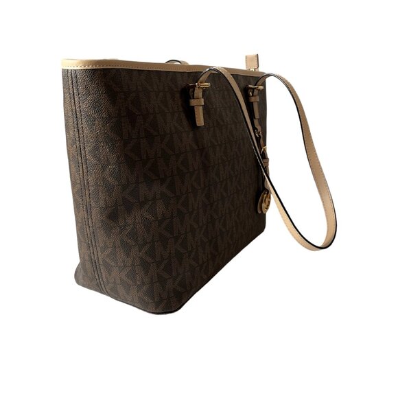 Michael Kors Purse Jet Set Signature Large Zip Up Tote Bag MK Monogram Brown Tan - Picture 10 of 12